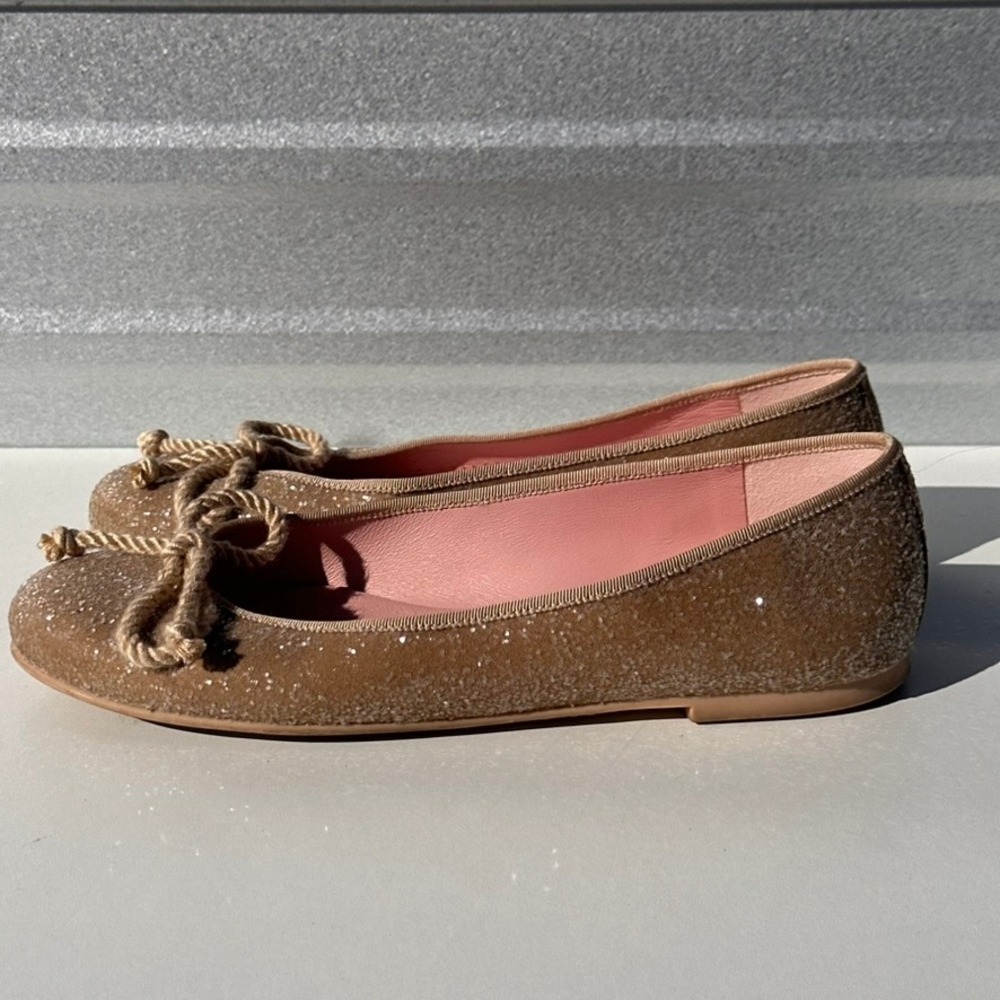 Pretty Ballerinas Rosario Glitter Ballet Flats Tan Bronze Rope Bow Spain 38.5